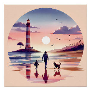 Póster Cena Costeira do Farol Sunset Walk