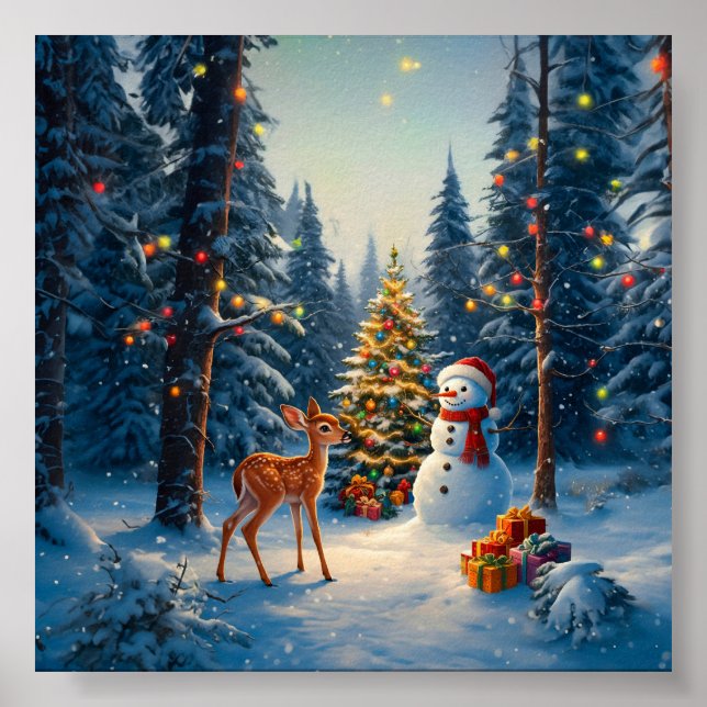Poster Cena da Árvore de Natal Fofo Deer Fawn Snowman (Frente)