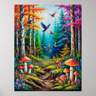 Poster Cena da Floresta Encantada com Pássaros Coloridos
