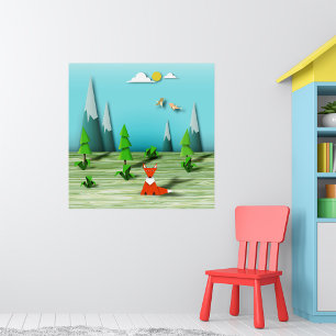 Poster Cena da Floresta Origami com Montanhas Fox e Aves