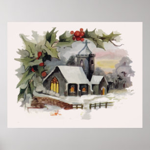 Póster Cena da igreja do Natal da aguarela