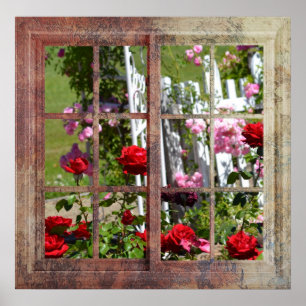 Póster Cena da janela do jardim de rosas