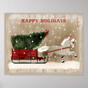 Póster Cena da neve do cavalo e do trenó do Natal da art