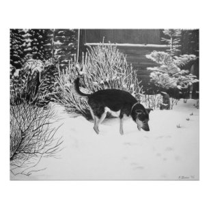 Póster Cena da neve do inverno com o cão preto e tan