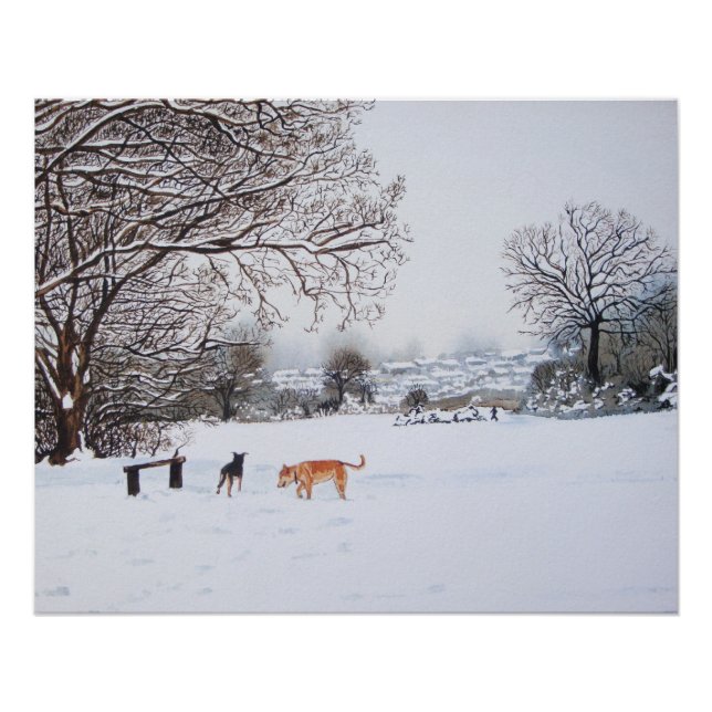 Póster cena da neve paisagem de inverno com árvores e cãe (Frente)