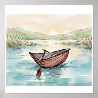 Poster Cena de barco de madeira em aquarela serena no lag