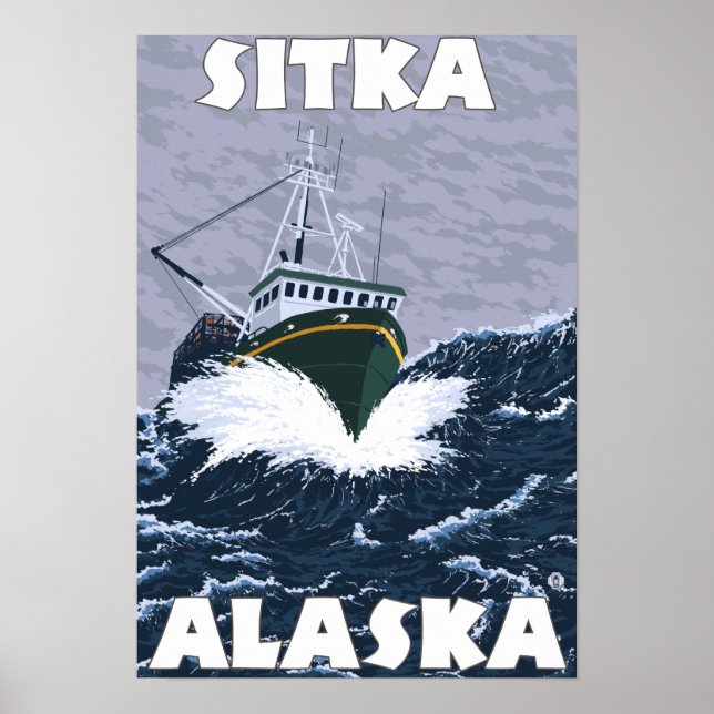 Poster Cena de Barcos de Pesca - Sitka, Alasca (Frente)