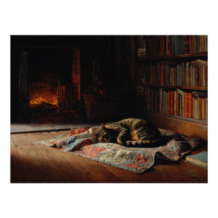 Póster Cena de Biblioteca com Gato e Lareira Aconchegante