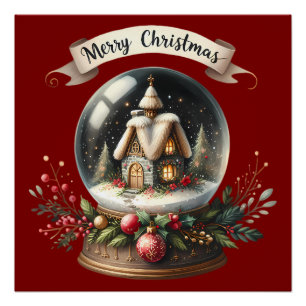 Póster Cena de Cabana de Natal Aconchegante em Globo de N