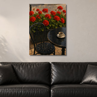 Poster Cena de Café ao Ar Livre com Gerânios Vermelhos