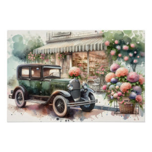 Póster Cena de Carro Retrô e Loja de Flores