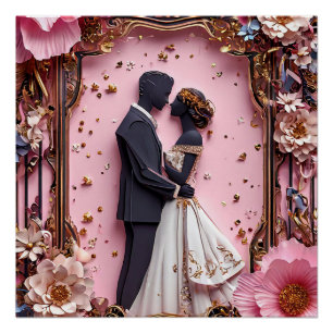 Póster Cena de Casamento com Silhueta de Papel Romântico