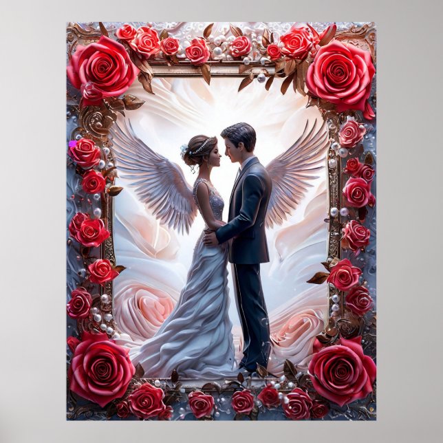 Poster Cena de Casamento Romântico com Anjos e Moldura de (Frente)