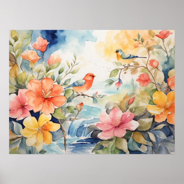 Poster Cena de Cores de Água com Aves e Flores (Frente)