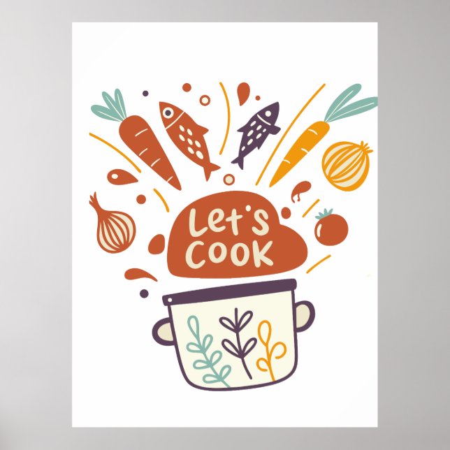 Poster Cena de cozinha branca com texto "Vamos cozinhar"  (Frente)