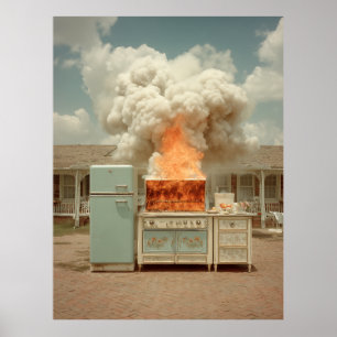 Poster Cena de Cozinha Vintage em Chamas ao Ar Livre