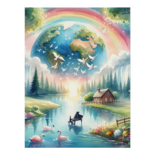 Póster Cena de Fantasia da Terra Arco-Íris Caprichosa