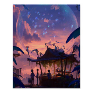 Póster Cena de Fantasia do Pavilhão Crepuscular Iluminado