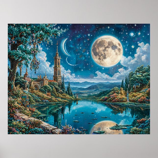 Poster Cena de Fantasia Encantadora com Castelo ao Luar (Frente)