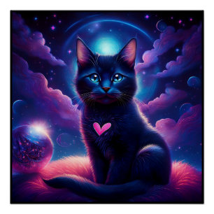 Póster Cena de Fantasia Gatinho Preto Olhos Azuis Lindos