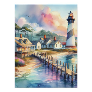 Póster Cena de Farol Costeiro e Chalés de Praia