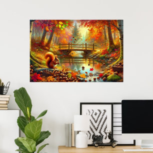 Poster Cena de Floresta Automática de Aquarela com esquil