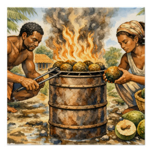 Póster Cena de fruta-pão caribenha em aquarela