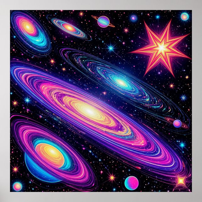 Poster Cena de Galáxia Abstrata com Estrelas, Planetas (Frente)