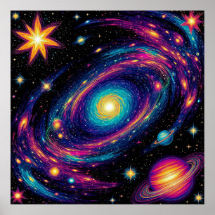 Poster Cena de Galáxia Abstrata com Estrelas, Planetas
