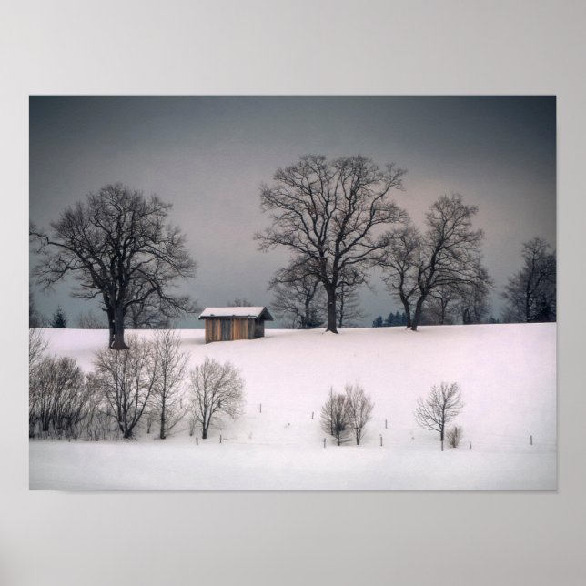 Poster Cena de inverno, colina e árvores, cabana (Frente)