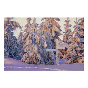 Póster Cena de inverno com árvores nevadas aquarela 