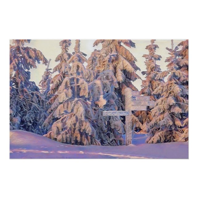Póster Cena de inverno com árvores nevadas aquarela  (Frente)