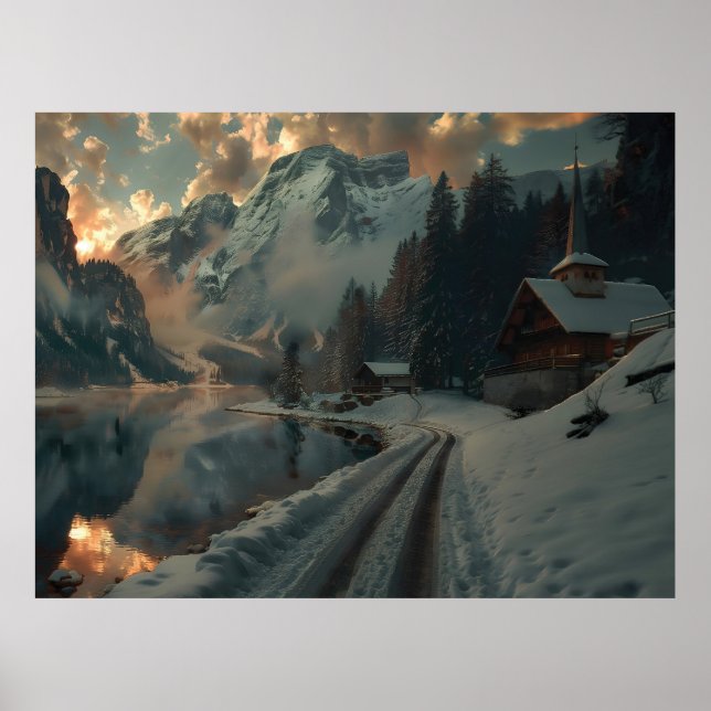 Poster Cena de inverno com edifícios em madeira (Frente)