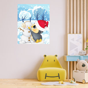 Poster Cena de Inverno Com Pinguim e Boneco de Neve