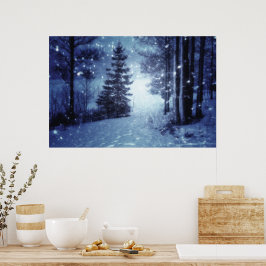 Poster Cena de inverno da Floresta Mágica Azul Lua