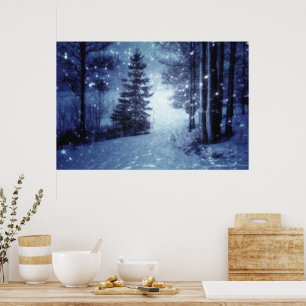 Poster Cena de inverno da Floresta Mágica Azul Lua