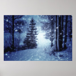Poster Cena de inverno da Floresta Mágica Azul Lua