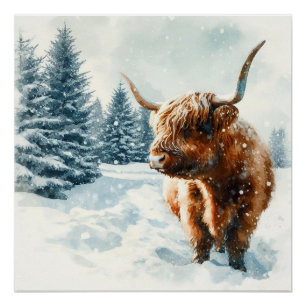 Póster Cena de inverno da Vaca em Highland Watercolor