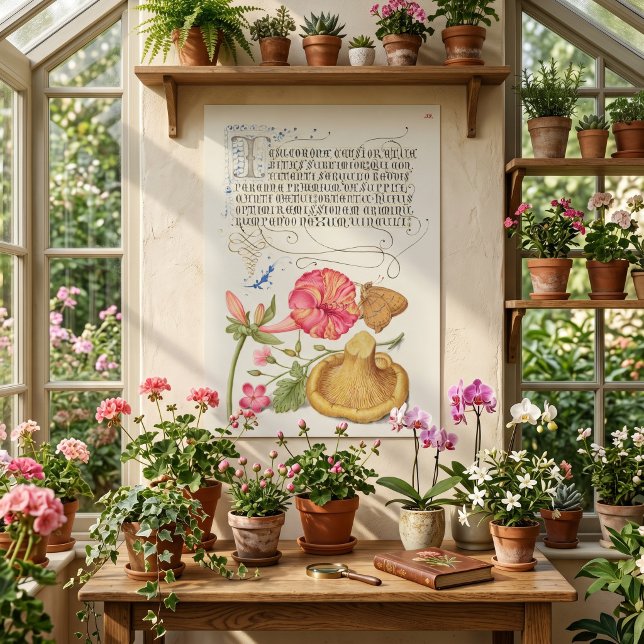Poster Cena de jardim com flores, borboleta e cogumelo (Four O'Clock, Brown Hairstreak, Herb Robert, and Chanterelle by Georg Bocskay and Joris Hoefnagel.)