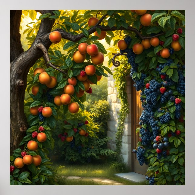 Poster Cena De Jardim Lush Com Maçãs E Uvas De Ripe (Frente)