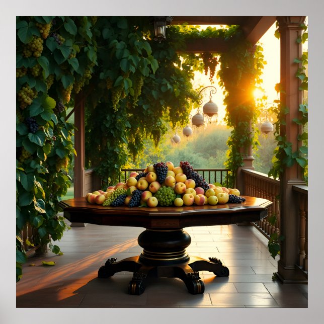 Poster Cena De Jardim Lush Com Maçãs E Uvas De Ripe (Frente)
