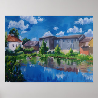 Poster Cena de Lago em Pintura Paisagística e Construções