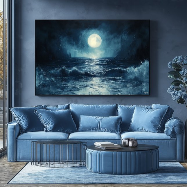 Poster Cena de Lua do Oceano Humano com Ondas Caindo (Criador carregado)