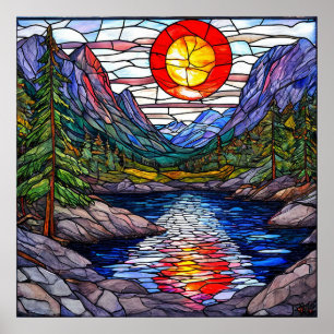 Poster Cena de montanha com um lago e árvores