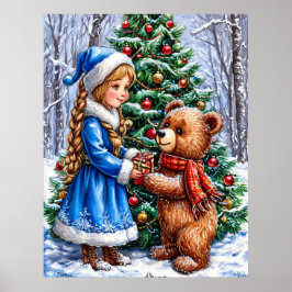Poster Cena de Natal com Menina e Urso de Pelúcia