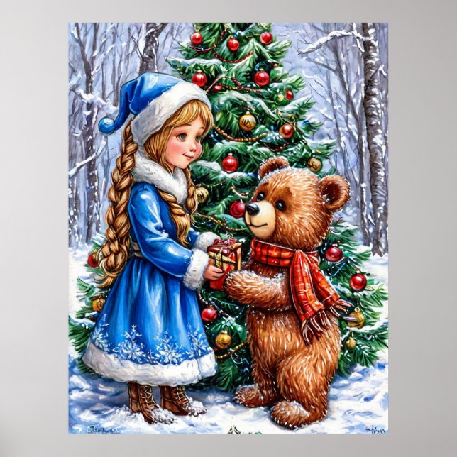 Poster Cena de Natal com Rapariga e Urso de Teddy (Frente)