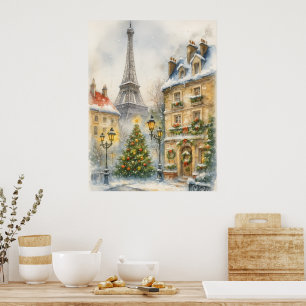 Poster Cena de Natal em Paris em Aquarela da Torre Eiffel
