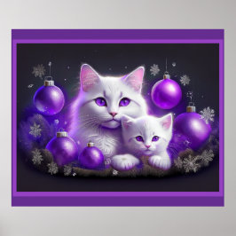 Poster Cena de Natal Púrpura De Gato E Gato-Mãe Branco