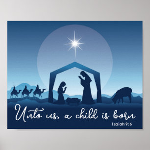 Poster Cena de Natal Religiosa Cena Azul Cristã