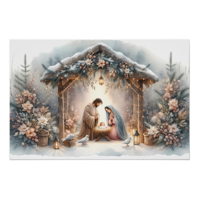 Póster Cena de Natal Rústica com Florais de Inverno (Frente)